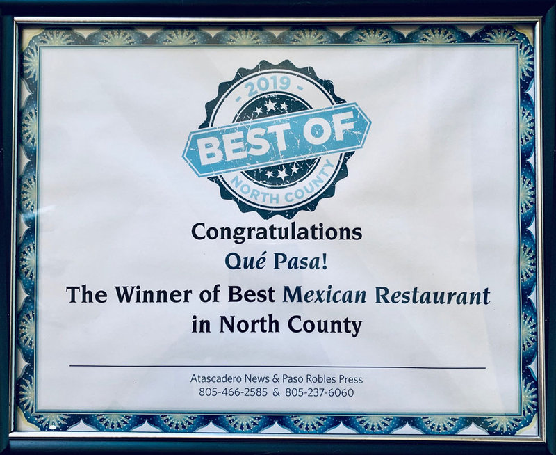 Framed 2019 Best of North County award — winner of Best Mexican Restaurant in North County — presented by Atascadero News and Paso Robles Press