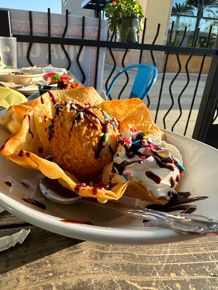 Fried ice cream in a cinnamon-sugar tortilla shell with whipped cream and sprinkles